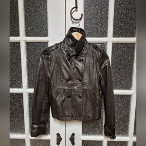 Leather bomber jacket deep rich Chocolate brown double breasted detail